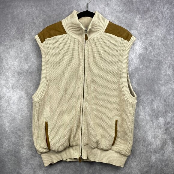 Orvis Signature Beige Knit Zip Sweater Vest W/Tan  Patches Hunting Men's “L” - Picture 1 of 11